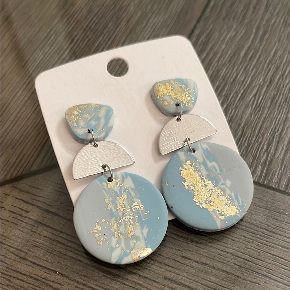 Soft Pottery Material Blue Marbled With Gold Foil Accent Geometric Drop Earrings